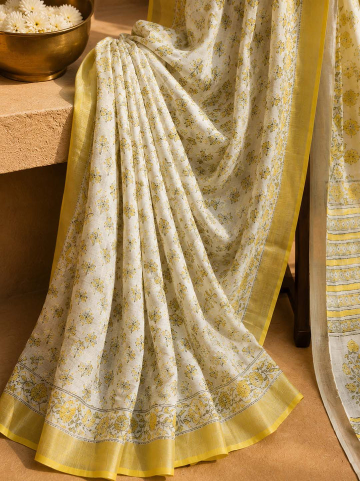 White And Yellow Floral Block Print Linen Cotton Saree