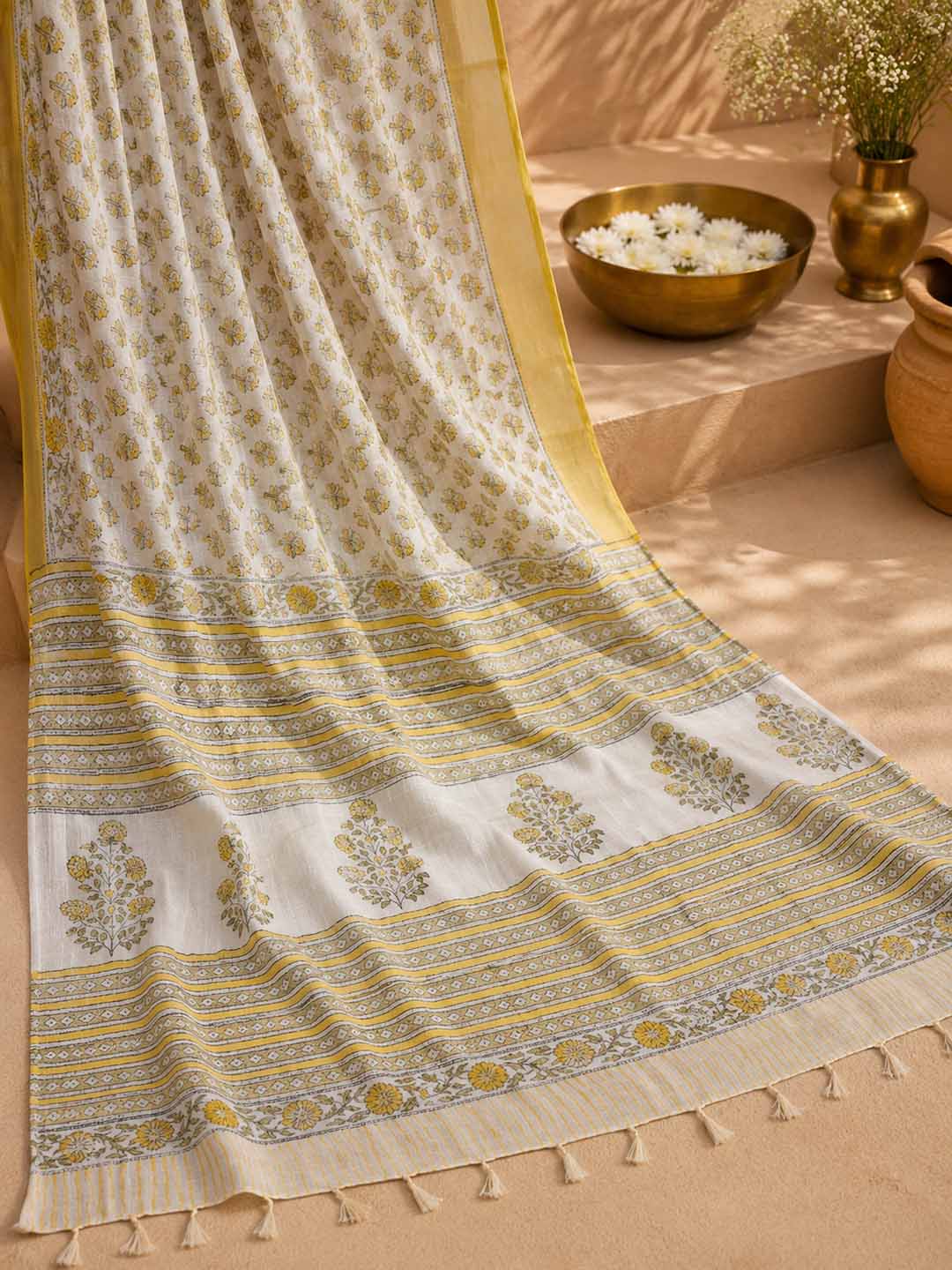 White And Yellow Floral Block Print Linen Cotton Saree