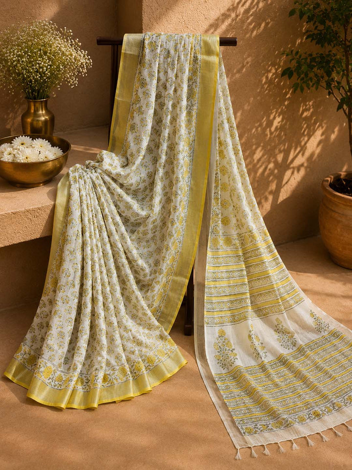 White And Yellow Floral Block Print Linen Cotton Saree