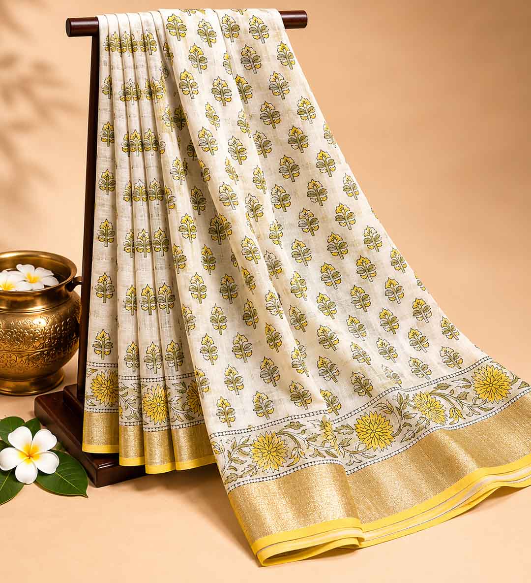 White And Yellow Floral Block Print Linen Cotton Saree