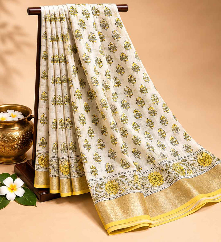 White And Yellow Floral Block Print Linen Cotton Saree