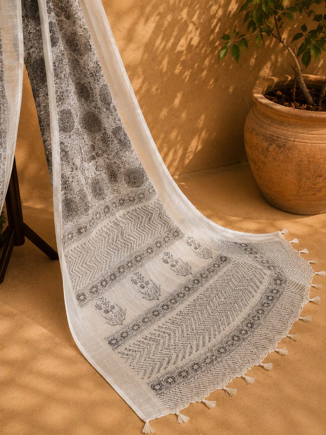 Grey and White Floral Block Print Linen Cotton Saree