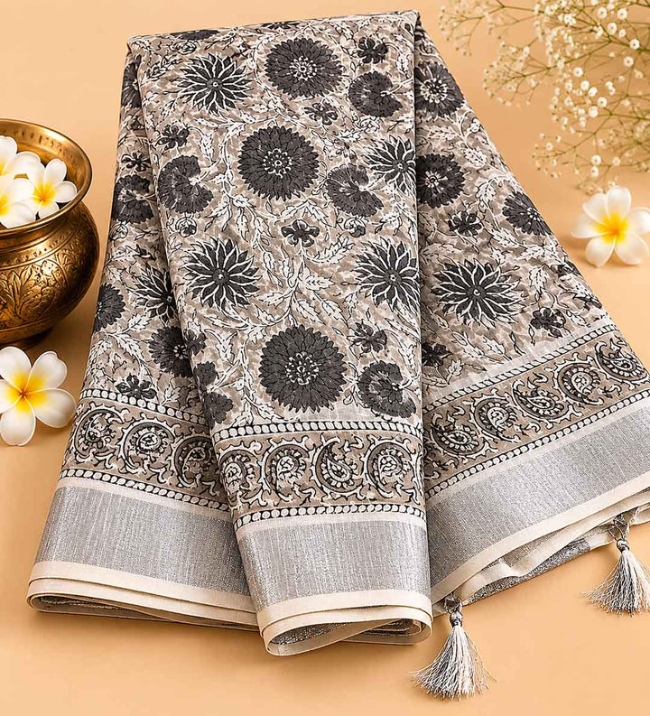Grey and White Floral Block Print Linen Cotton Saree