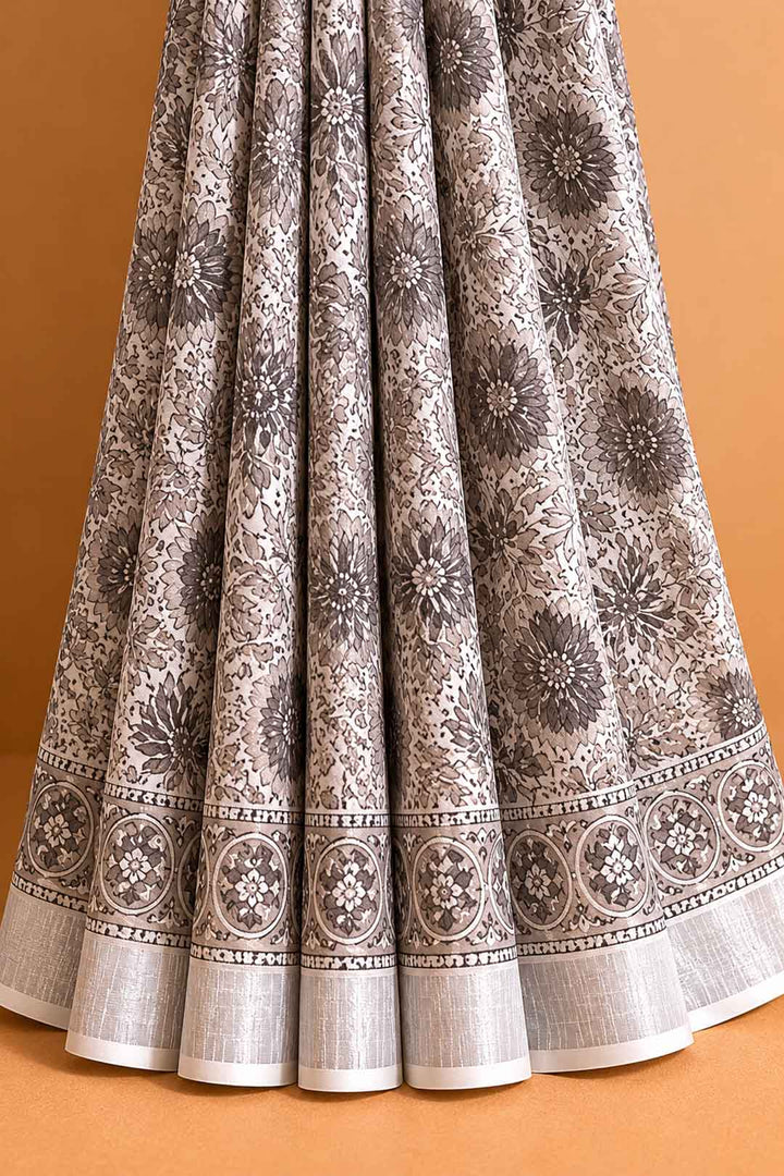 Grey and White Floral Block Print Linen Cotton Saree