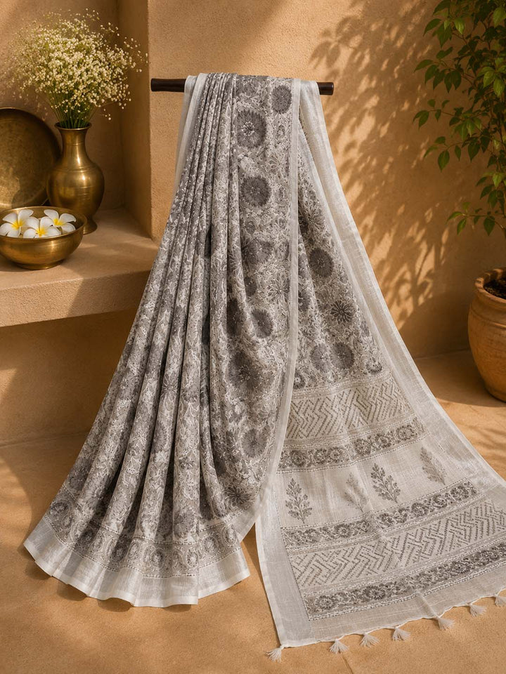 Grey and White Floral Block Print Linen Cotton Saree