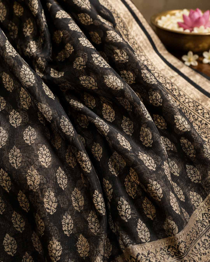 Black And Nude Block Print Linen Cotton Saree