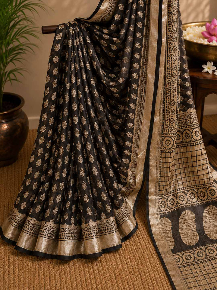 Black And Nude Block Print Linen Cotton Saree