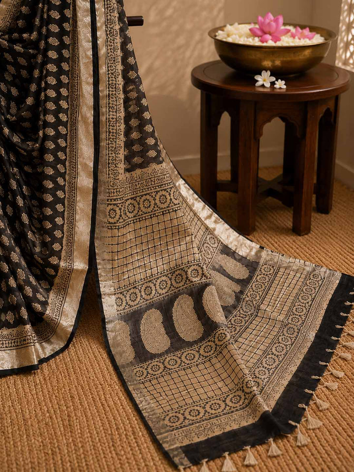 Black And Nude Block Print Linen Cotton Saree
