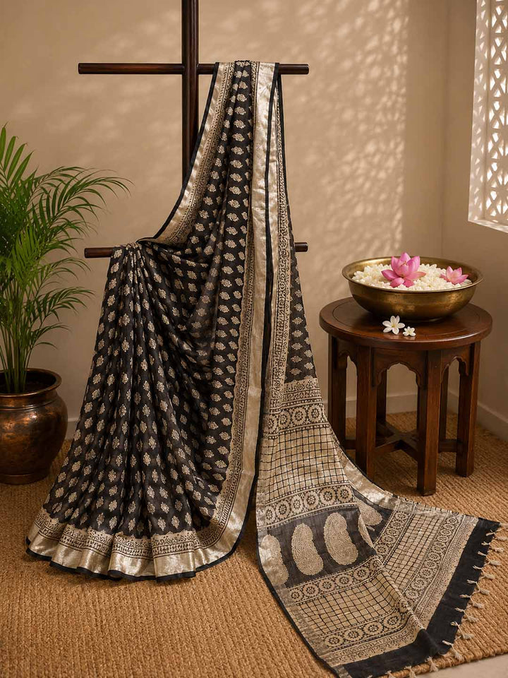 Black And Nude Block Print Linen Cotton Saree