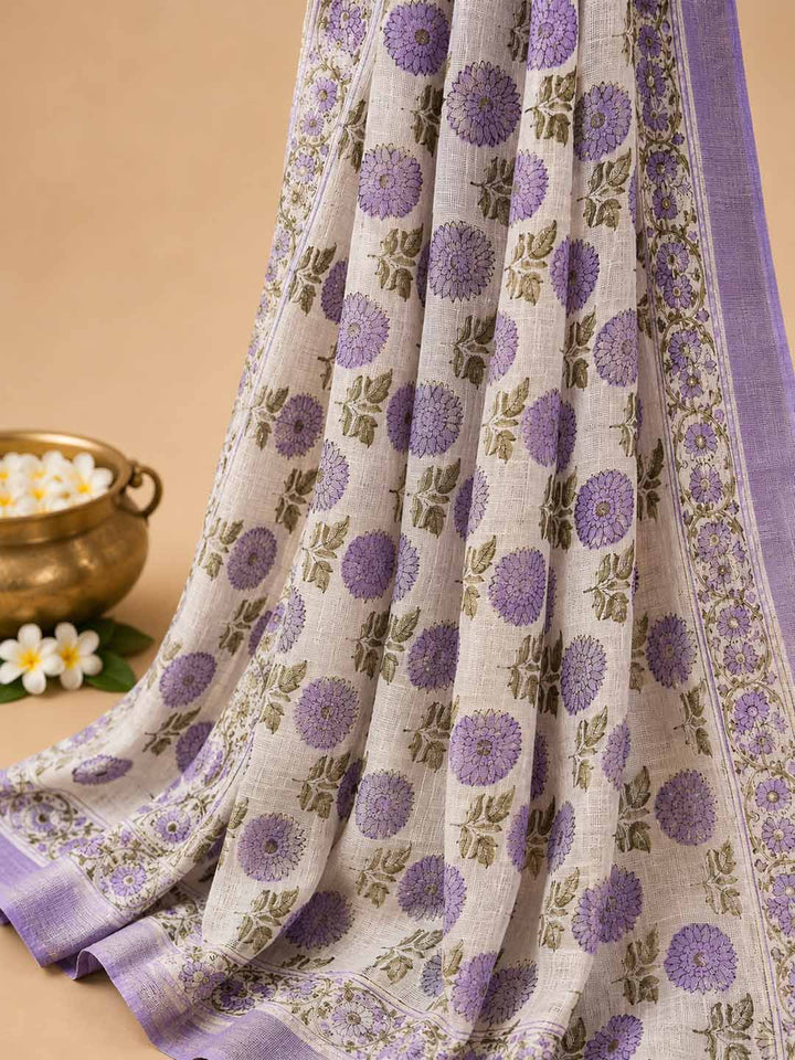 White And Lavender Floral Block Print Linen Cotton Saree