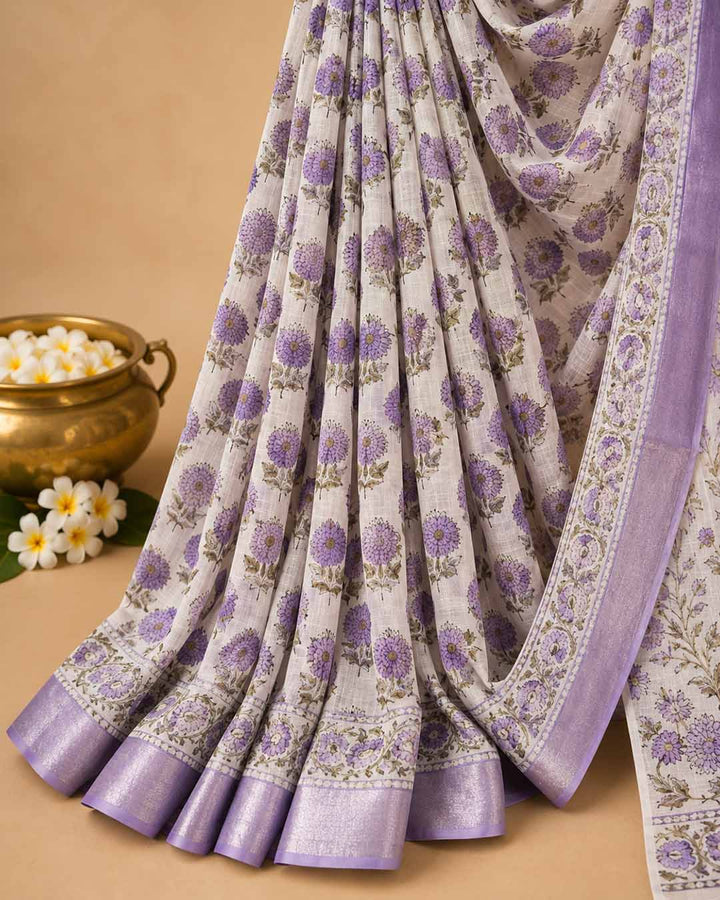 White And Lavender Floral Block Print Linen Cotton Saree