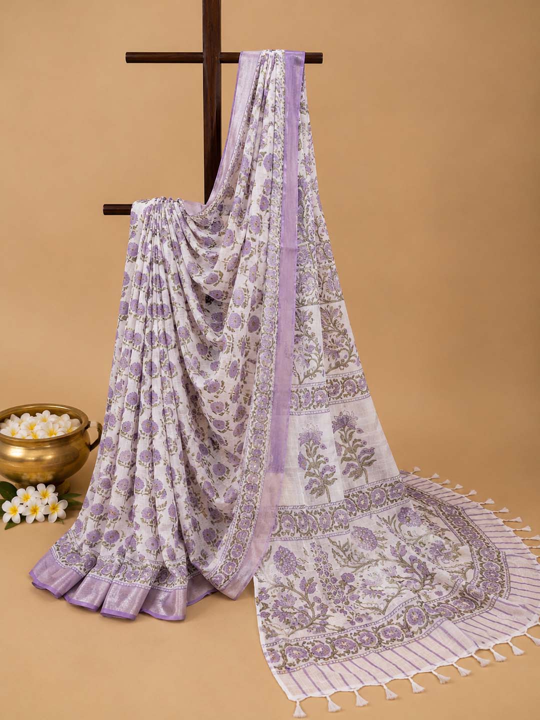 White And Lavender Floral Block Print Linen Cotton Saree