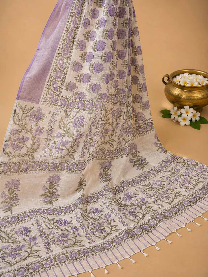 White And Lavender Floral Block Print Linen Cotton Saree