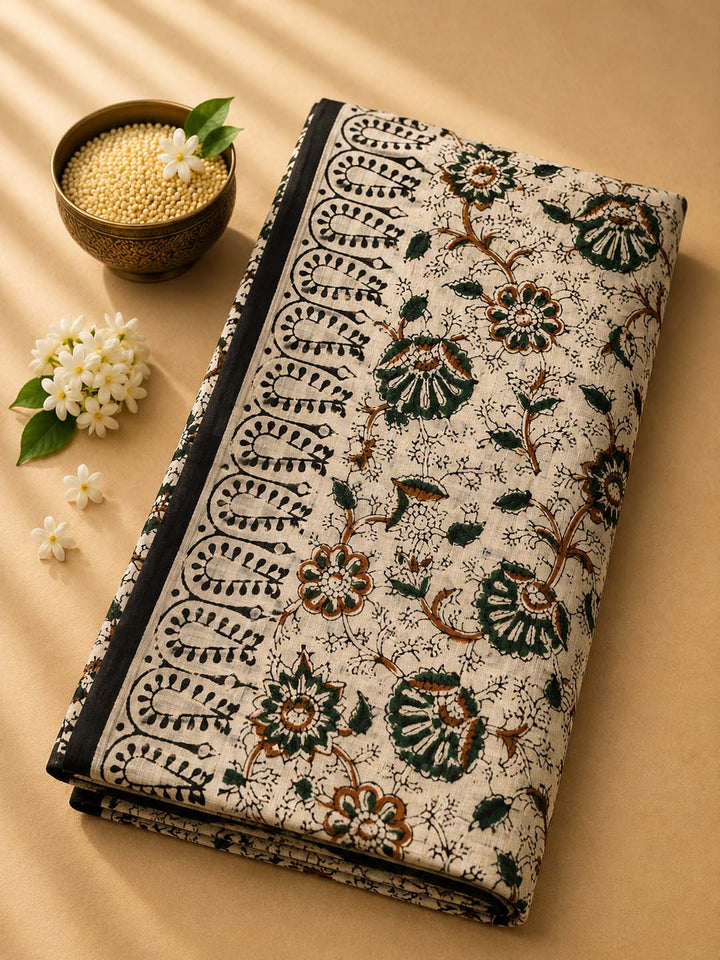 Black And Offwhite Hand Block Print Cotton Saree