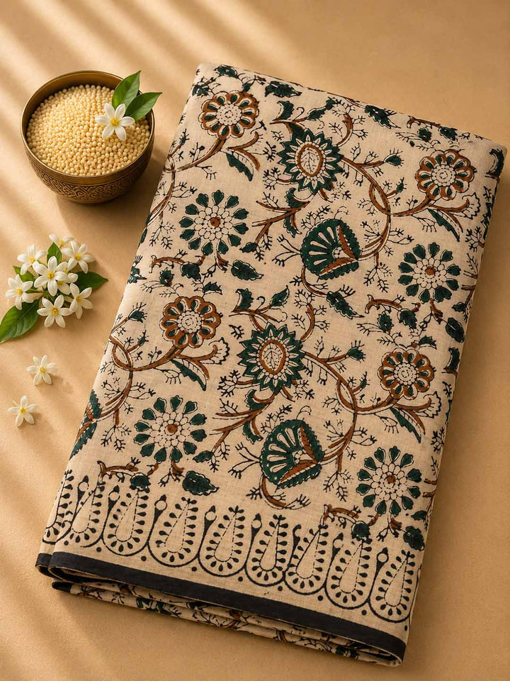 Black And Offwhite Hand Block Print Cotton Saree