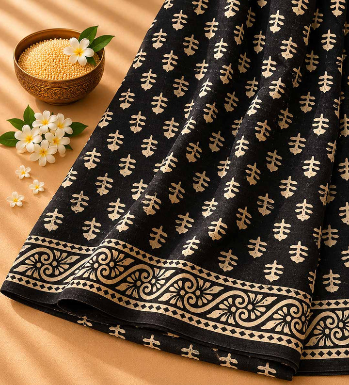Black And Offwhite Hand Block Print Cotton Saree