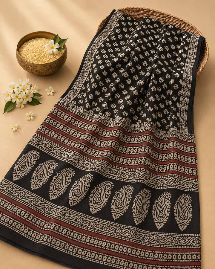 Black And Offwhite Hand Block Print Cotton Saree