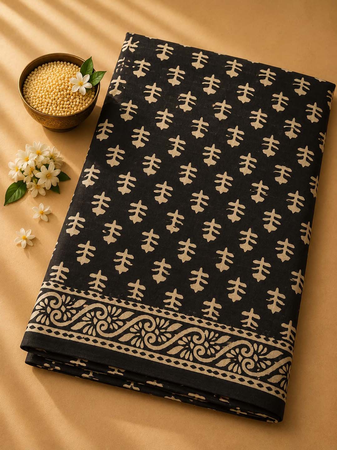 Black And Offwhite Hand Block Print Cotton Saree