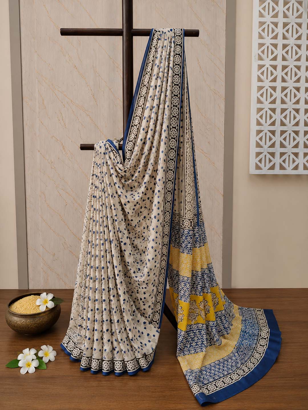 Ivory white And Blue Floral Hand Block Print Cotton Saree