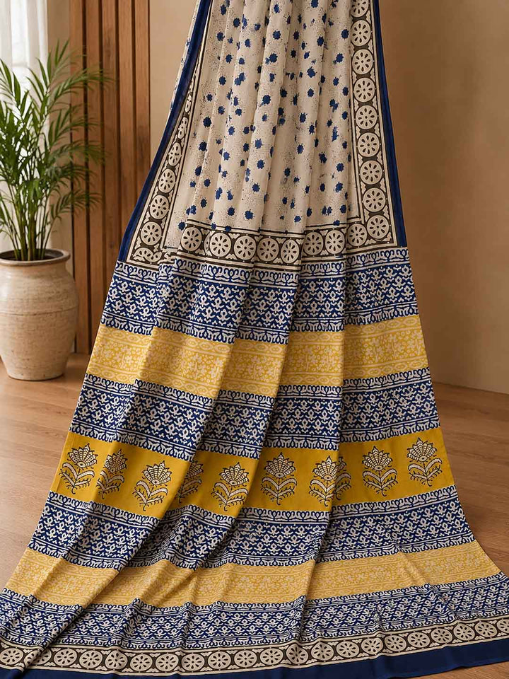 Ivory white And Blue Floral Hand Block Print Cotton Saree