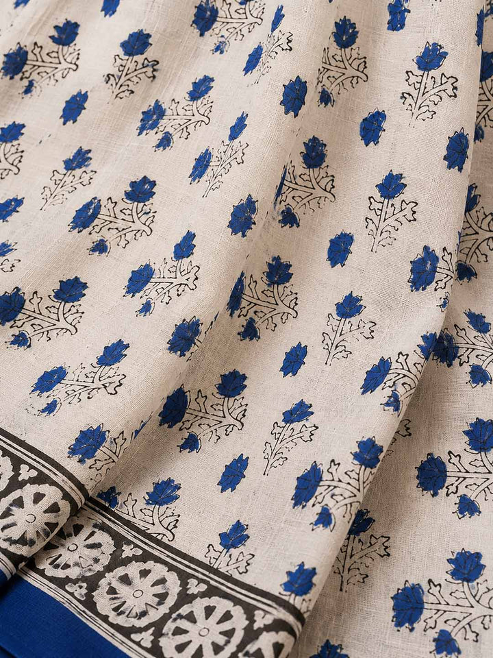 Ivory white And Blue Floral Hand Block Print Cotton Saree
