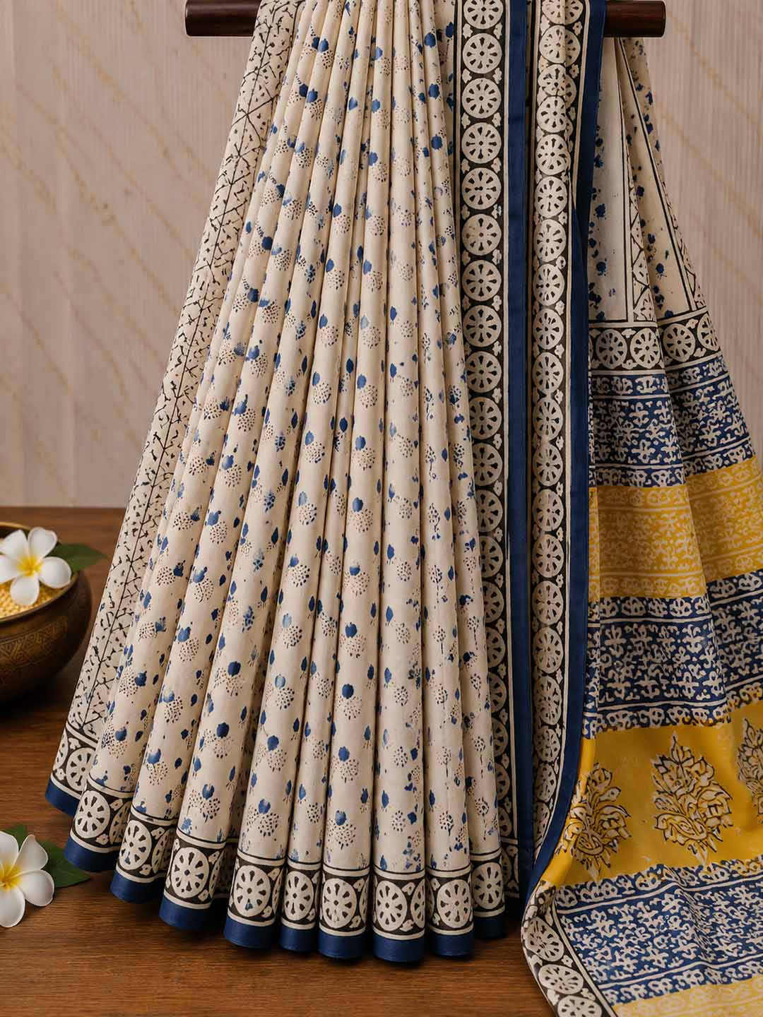 Ivory white And Blue Floral Hand Block Print Cotton Saree