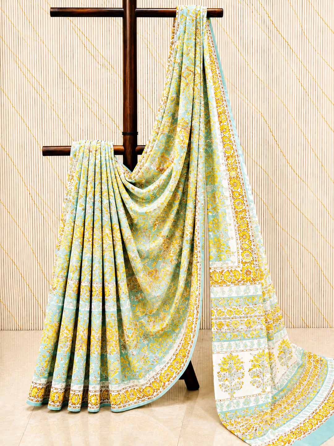 Mint Green And Yellow Floral Hand Block Cotton Saree