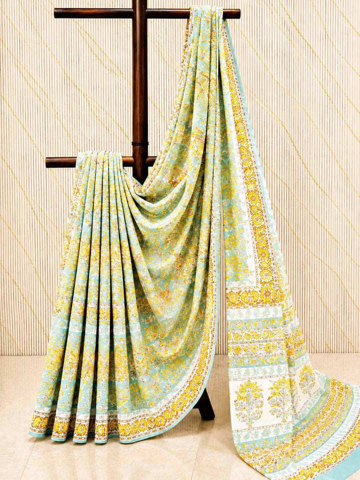 Mint Green And Yellow Floral Hand Block Cotton Saree