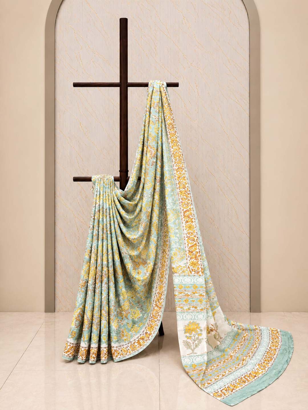 Mint Green And Yellow Floral Hand Block Cotton Saree