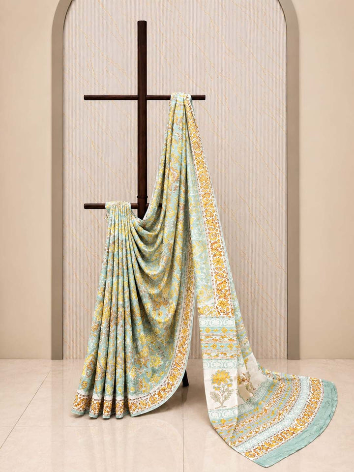 Mint Green And Yellow Floral Hand Block Cotton Saree