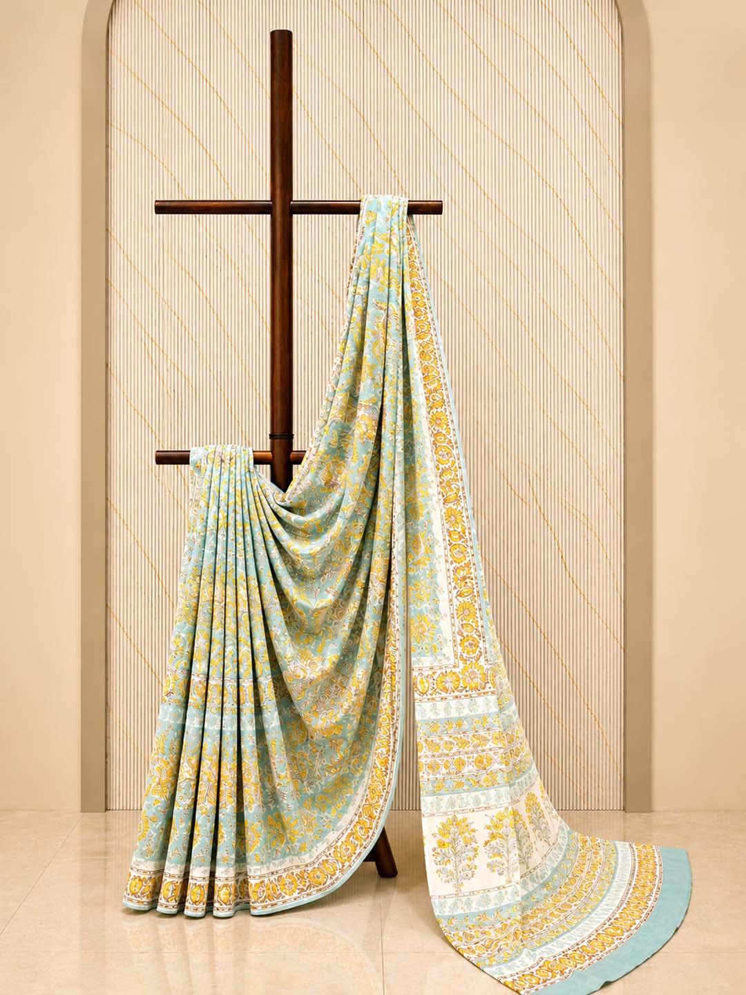 Mint Green And Yellow Floral Hand Block Cotton Saree