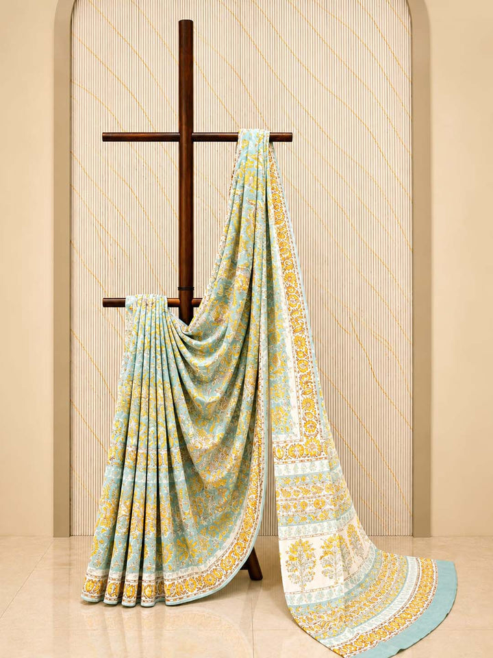Mint Green And Yellow Floral Hand Block Cotton Saree
