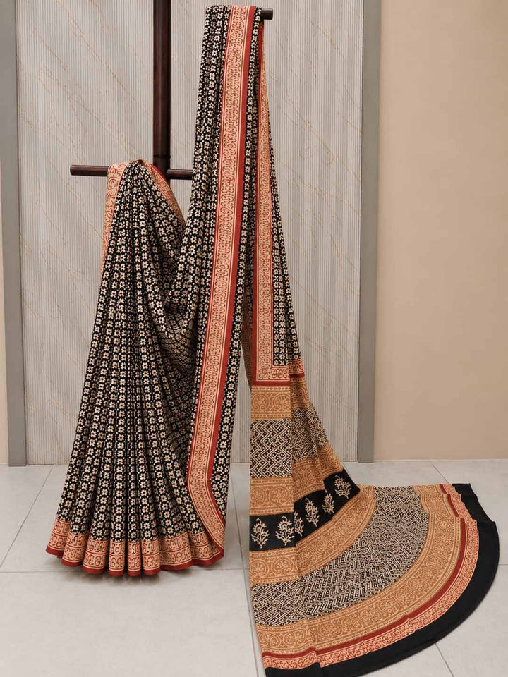 Black Hand Block Print Cotton Saree