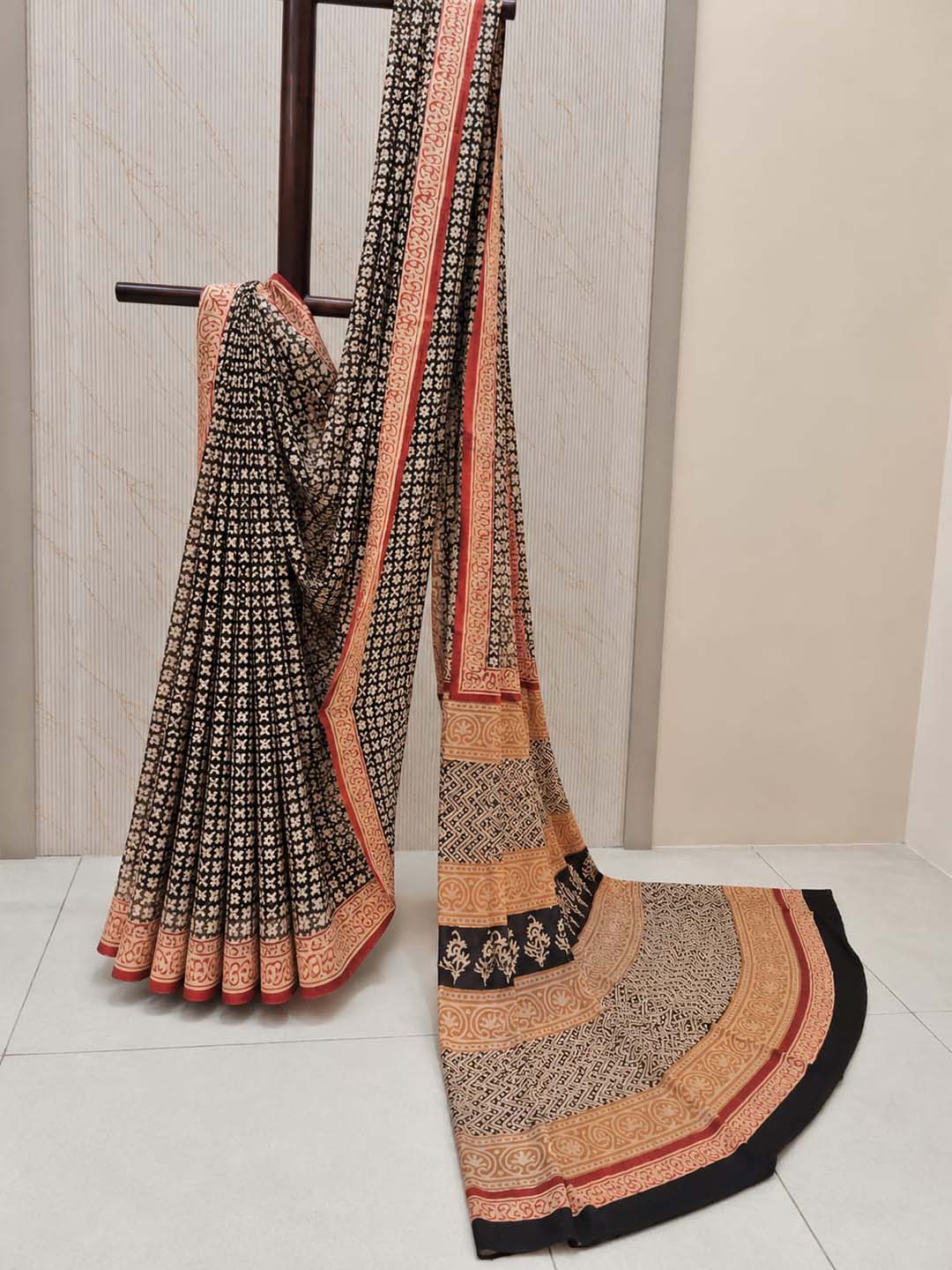 Black Hand Block Print Cotton Saree