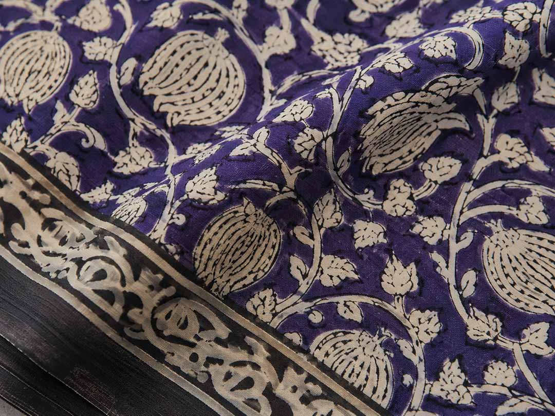 Purple And Nude Floral Hand Block Print Cotton Saree