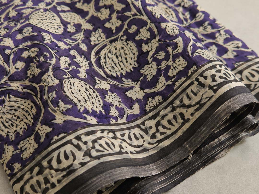 Purple And Nude Floral Hand Block Print Cotton Saree
