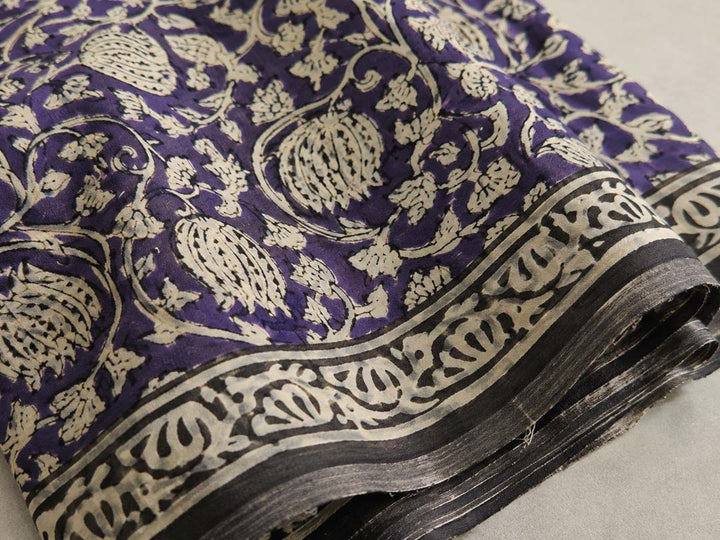 Purple And Nude Floral Hand Block Print Cotton Saree