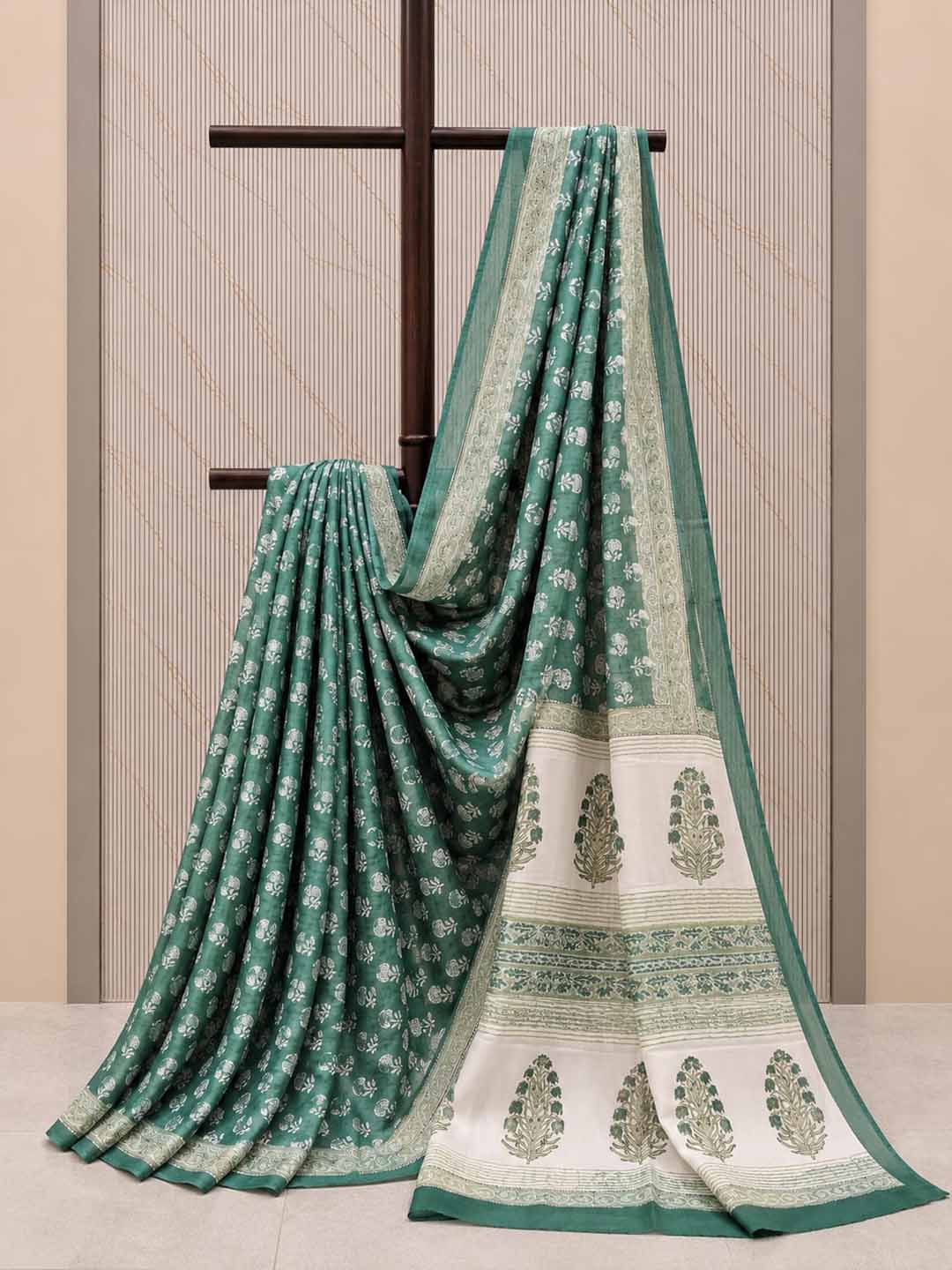 Green And  Off-White Floral Hand Block Print Cotton Saree
