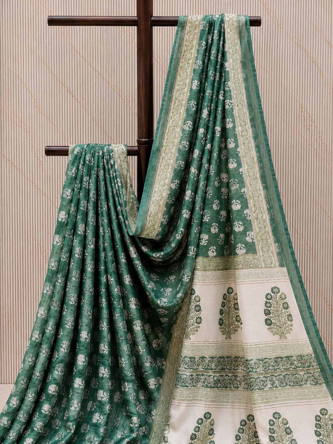 Green And  Off-White Floral Hand Block Print Cotton Saree