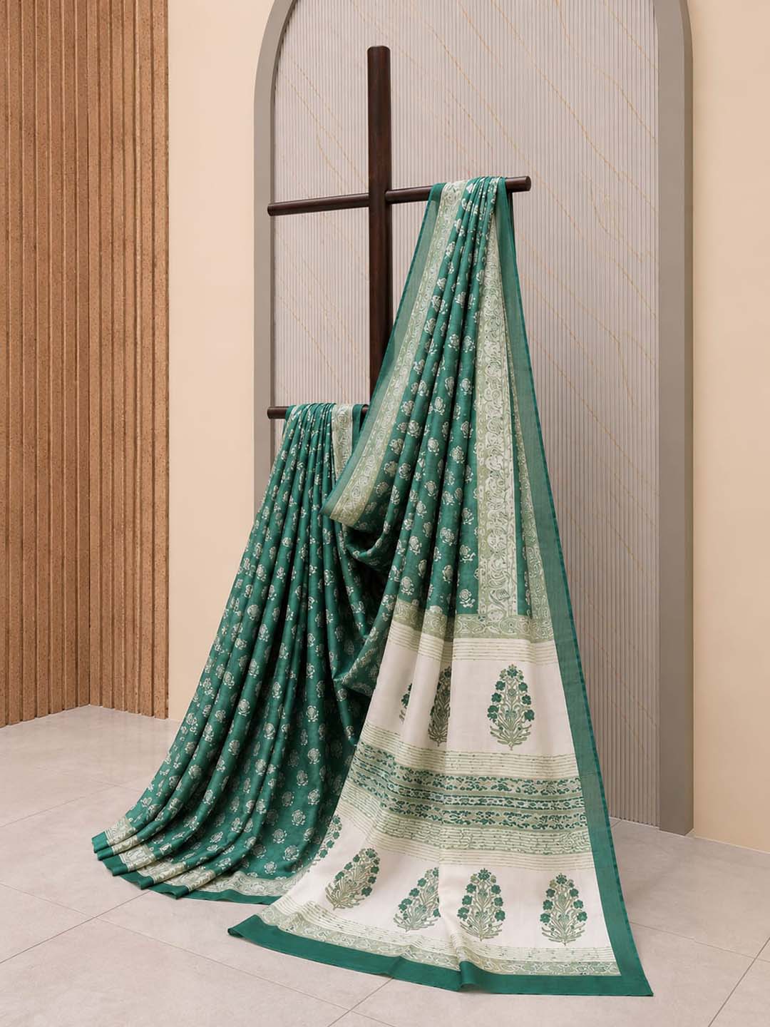 Green And  Off-White Floral Hand Block Print Cotton Saree