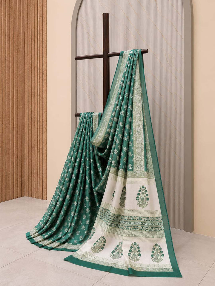Green And  Off-White Floral Hand Block Print Cotton Saree