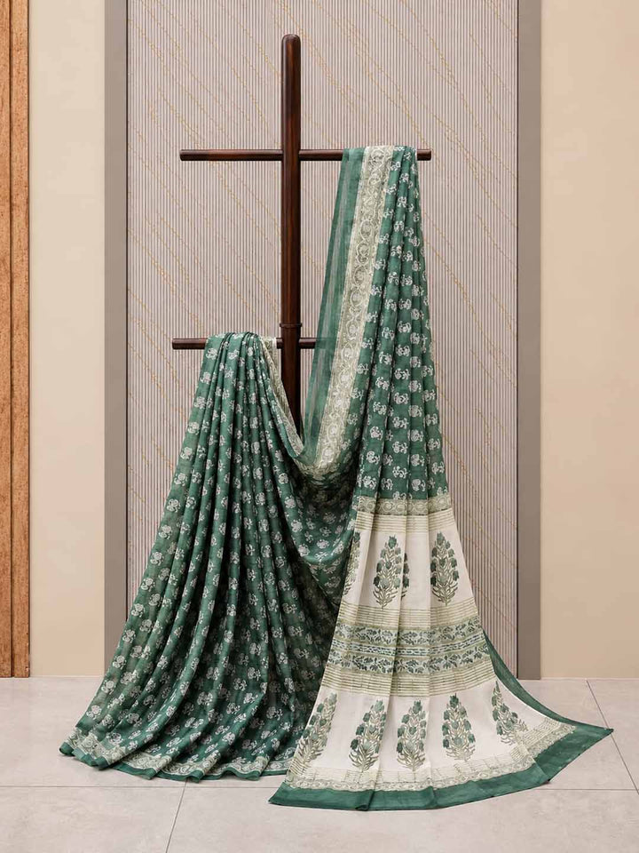 Green And  Off-White Floral Hand Block Print Cotton Saree