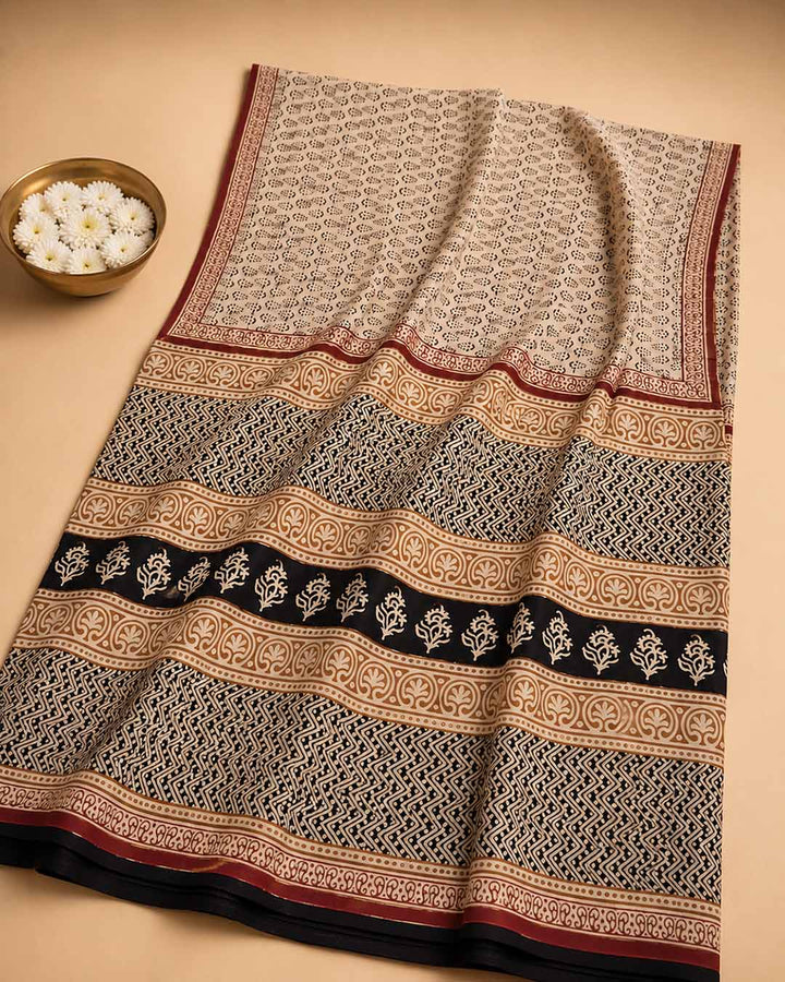 Beige And Black Floral Hand Block Print Cotton Saree