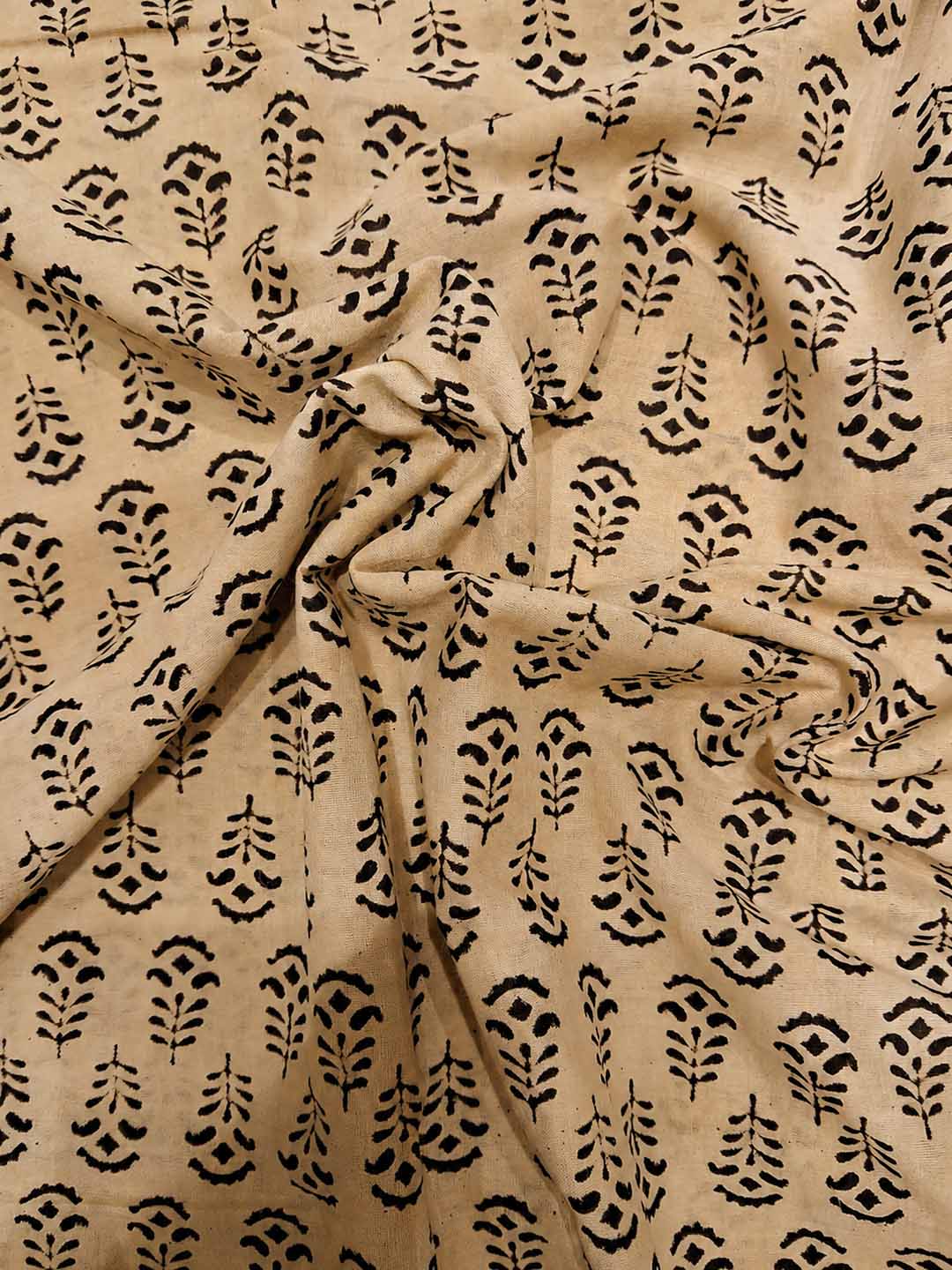 Beige And Black Floral Hand Block Print Cotton Saree