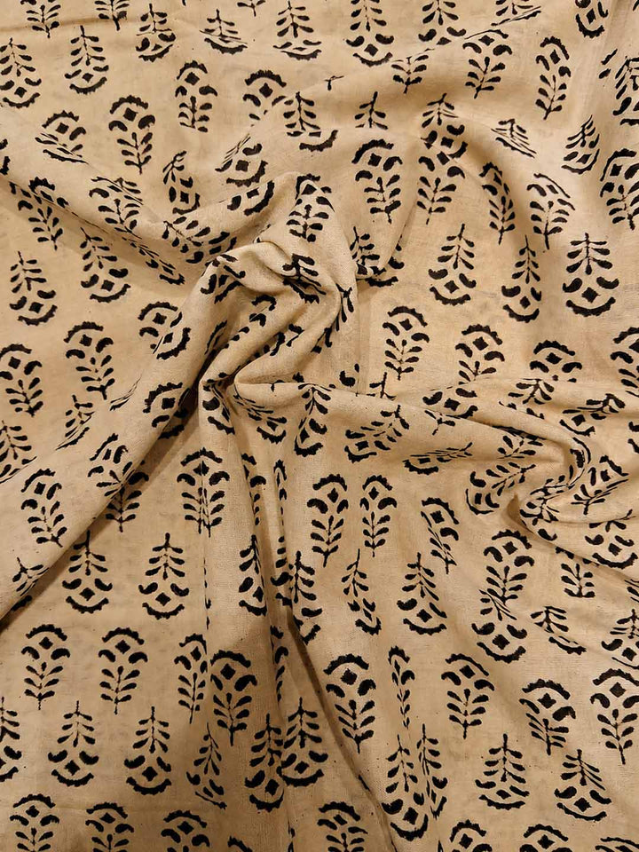 Beige And Black Floral Hand Block Print Cotton Saree