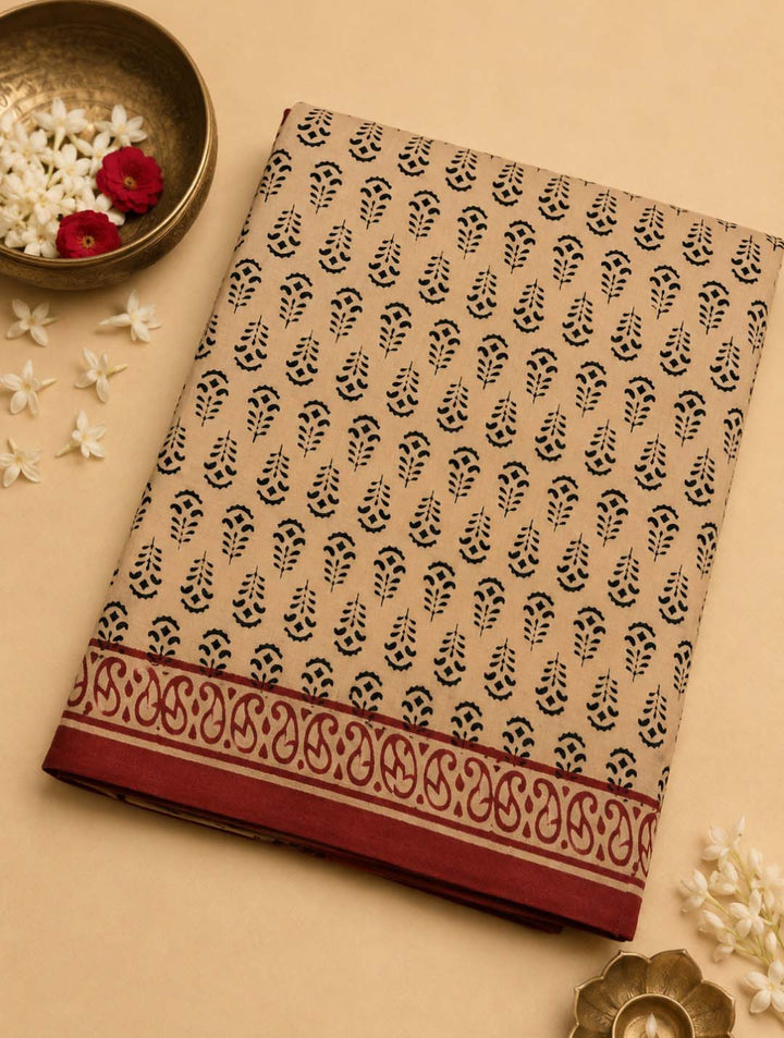 Beige And Black Floral Hand Block Print Cotton Saree