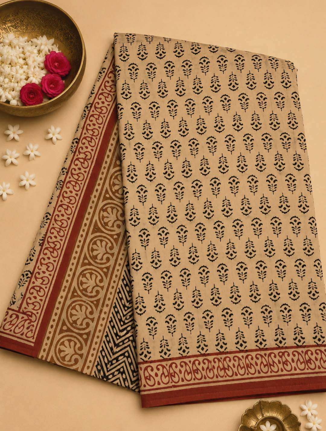Beige And Black Floral Hand Block Print Cotton Saree
