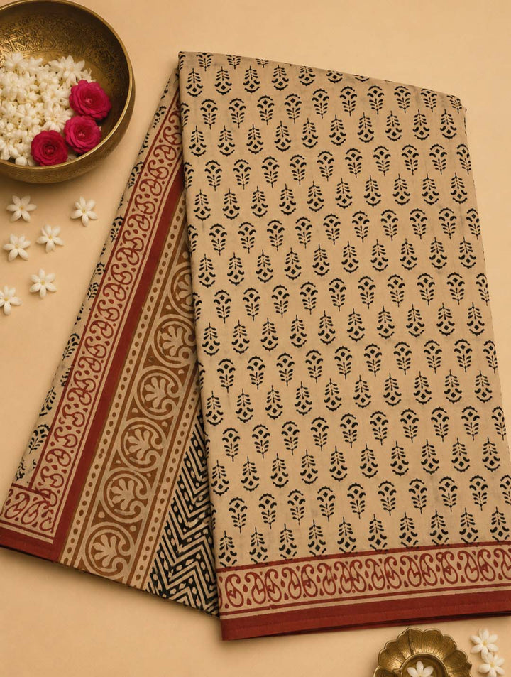 Beige And Black Floral Hand Block Print Cotton Saree