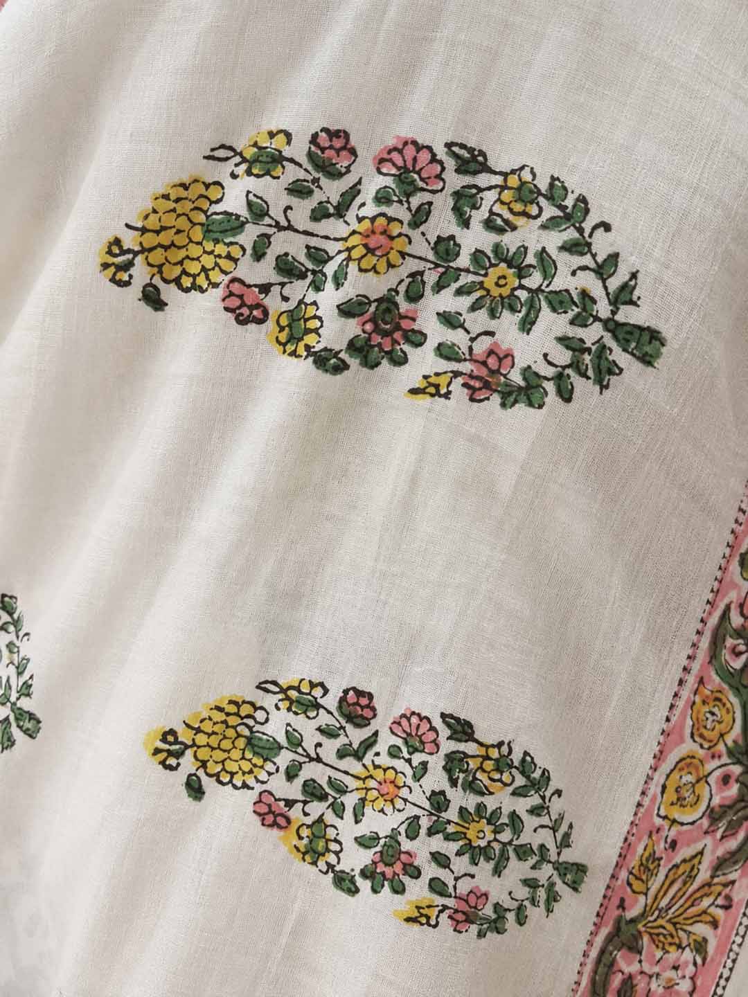 White and Peach Floral Hand Block Print Cotton Saree