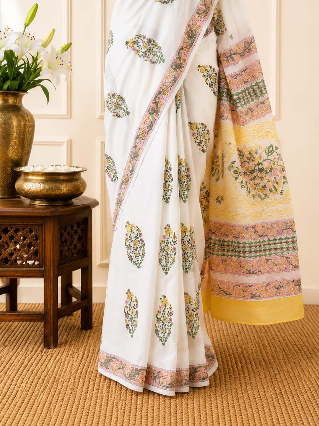 White and Peach Floral Hand Block Print Cotton Saree